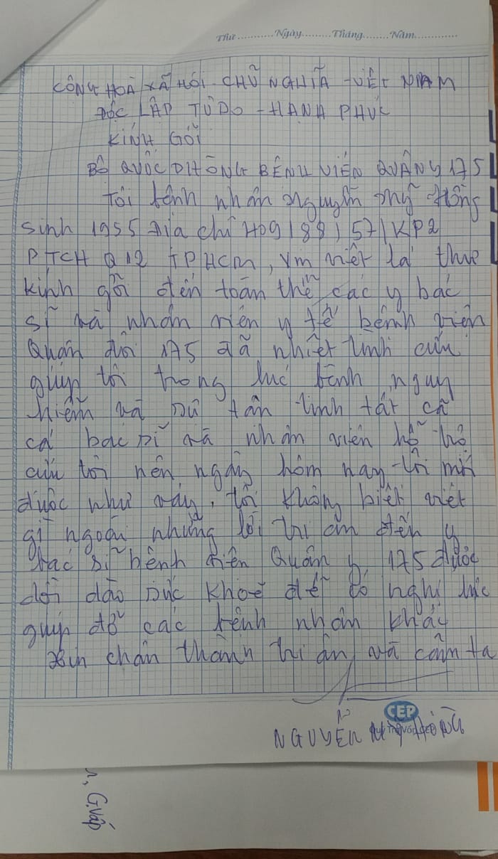 Thư cảm ơn của bệnh nhân Nguyễn Mỹ Hồng
