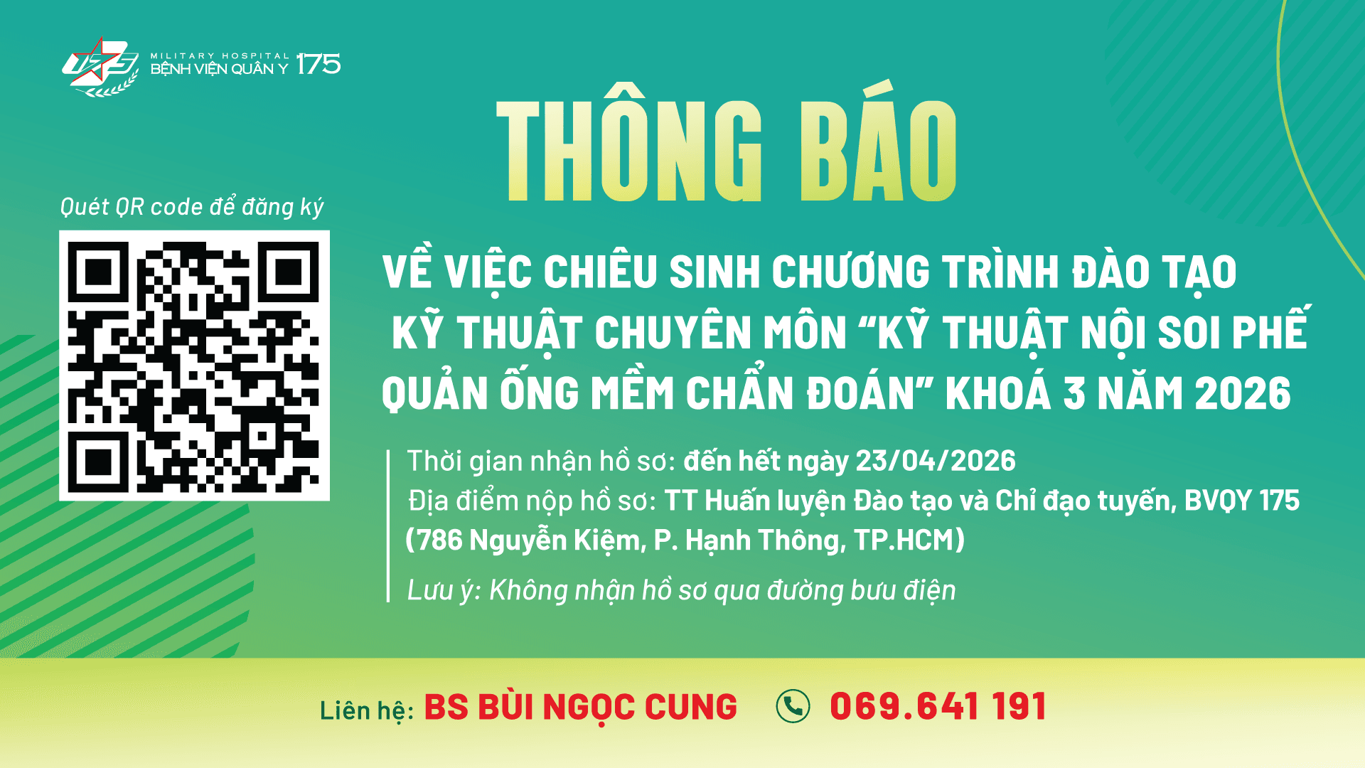 THÔNG BÁO
Về việc chiêu sinh chương trình đào tạo kỹ thuật chuyên môn 
“Kỹ thuật nội soi phế quản ống mềm chẩn đoán” Khoá 3 năm 2026