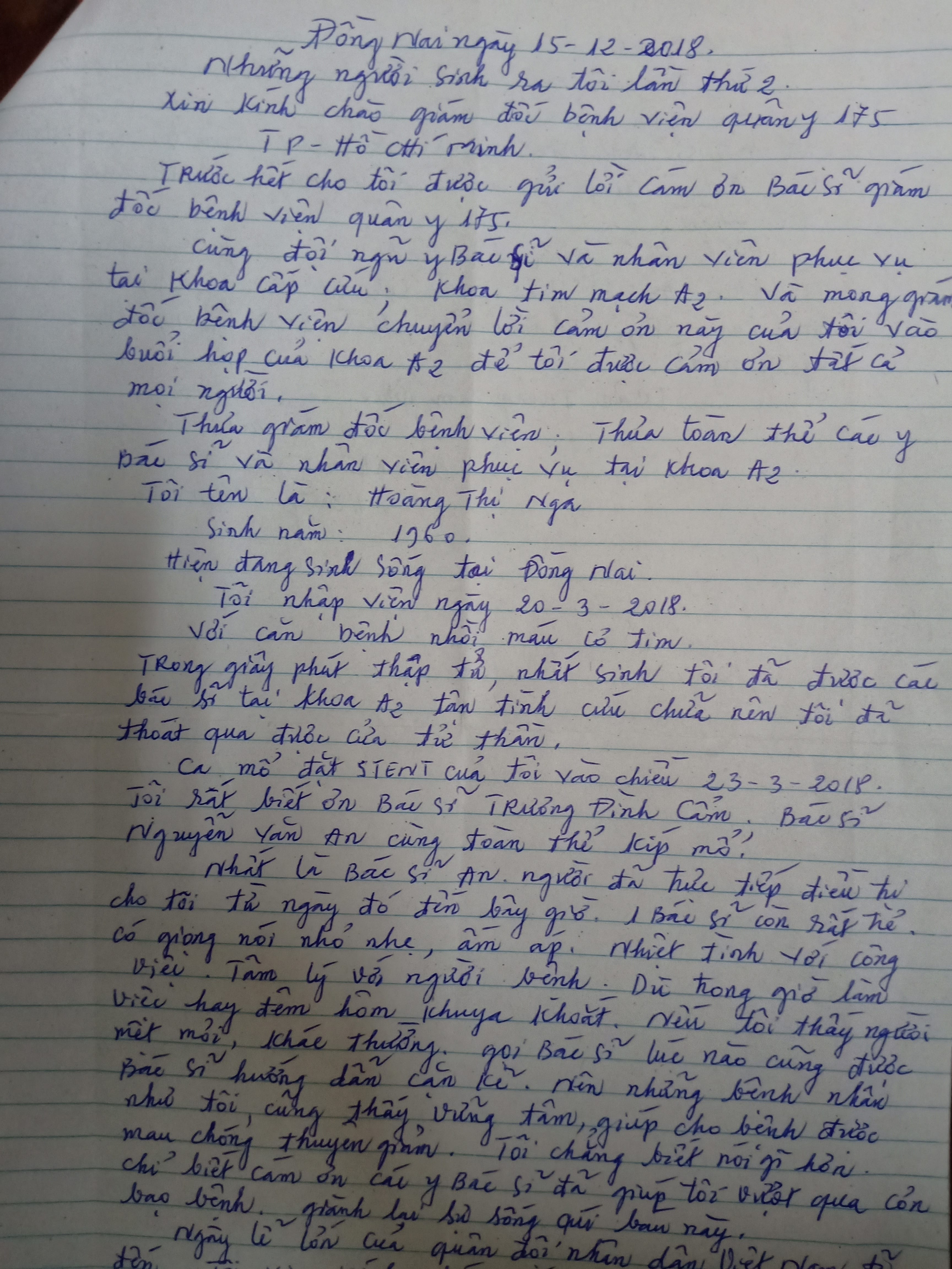 Thư tri ân của bệnh nhân Hoàng Thị Nga