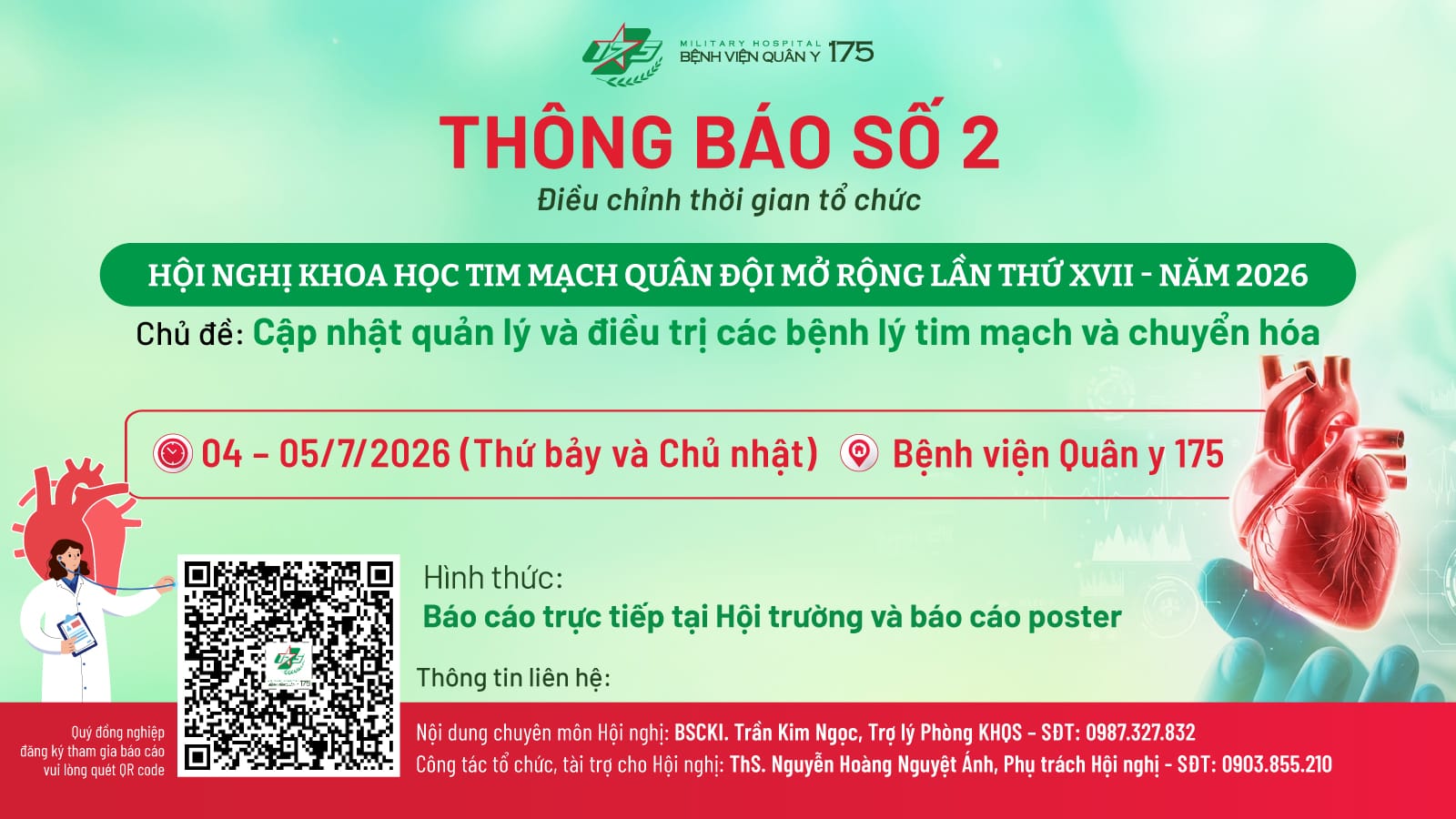 Thông báo số 2 Về việc điều chỉnh thời gian tổ chức Hội nghị Khoa học Tim mạch Quân đội mở rộng lần thứ XVII - Năm 2026